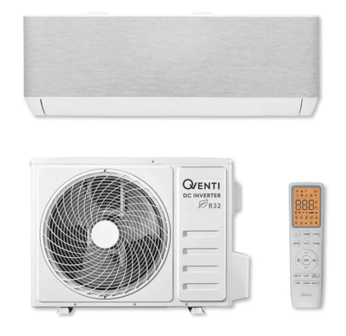 Qventi Matador split-unit airco met witte binnenunit, buitenunit en afstandsbediening
